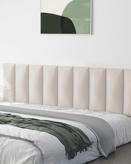 Tbfit Upholstered Wall Mounted Headboard for King Size Bed, Soundproof Peel and Stick Headboards, Tufted Floating Dorm Bed Headboard, Pack of 12 Panels Sized 10” x 24”, Leather Beige - LeafyLoom