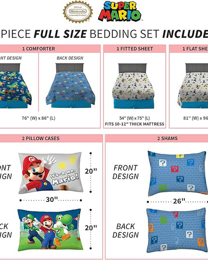 Franco Kids Bedding Super Soft Comforter and Sheet Set with Sham, 7 Piece Full Size, Mario - LeafyLoom