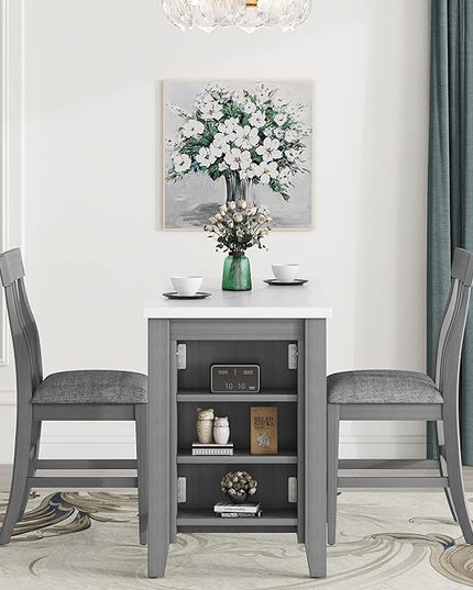 3-Piece Wooden Counter Height Dining Table Set with Faux Marble Veneer and Built-in Storage Shelves, 2 Upholstered Chairs, for Kitchen, Breakfast Nook, Bar, Living Room, Gray - LeafyLoom