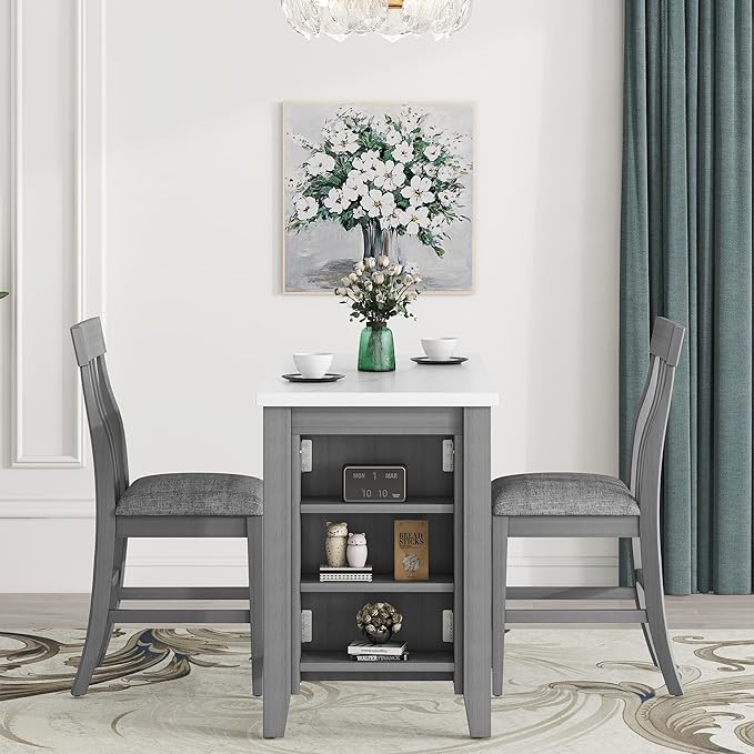 3-Piece Wooden Counter Height Dining Table Set with Faux Marble Veneer and Built-in Storage Shelves, 2 Upholstered Chairs, for Kitchen, Breakfast Nook, Bar, Living Room, Gray - LeafyLoom