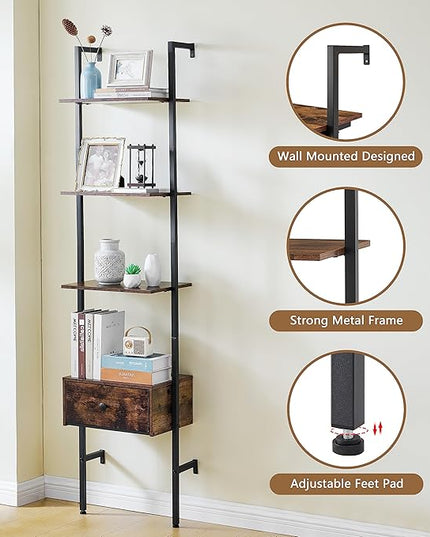 Tajsoon Ladder Shelf, Tall Bookcase with Storage Drawers, 4-Tier Wood Wall Mounted Bookshelf, Open Display Rack, Storage Shelves for Bedroom, Home Office, Collection, Plant Flower, Rustic Brown - LeafyLoom