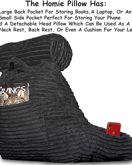 Homie Reading Pillow with Reading Light and Wrist Support, Has Arm Rests, and Back Support for Bed Rest, Lounging, Reading, Working on Laptop, Watching TV (Large, Black) - LeafyLoom