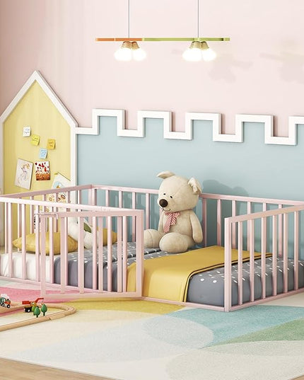 RITSU Twin Size Metal Floor Fence Bed, Montessori Bedframe, with Safety Guardrail and Door, for Children Bedroom, Boys Girls, Apartment, Strong & Durable, Easy to Assemble, Pink - LeafyLoom