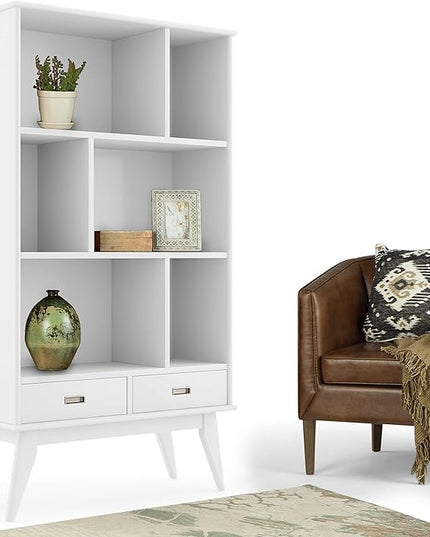 SIMPLIHOME Draper SOLID HARDWOOD 35 Inch Mid Century Modern Wide Bookcase and Storage Unit in White, For the Living Room, Study Room and Office - LeafyLoom