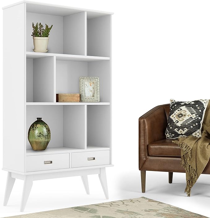 SIMPLIHOME Draper SOLID HARDWOOD 35 Inch Mid Century Modern Wide Bookcase and Storage Unit in White, For the Living Room, Study Room and Office - LeafyLoom
