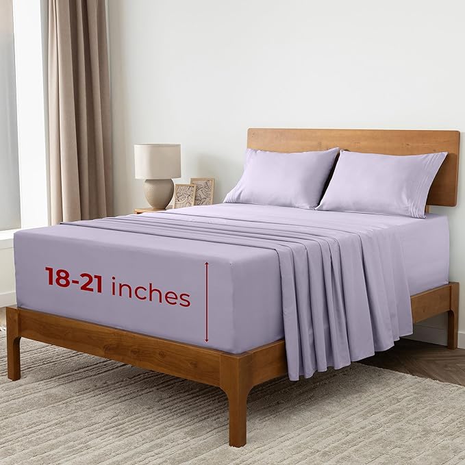 Mellanni Extra Deep Split King Sheets - 5 PC Iconic Collection Bedding Sheets & Pillowcases - Hotel Luxury, Ultra Soft, Cooling Bed Sheets - Extra Deep Pocket up to 21 inch (Split King, Lavender) - LeafyLoom
