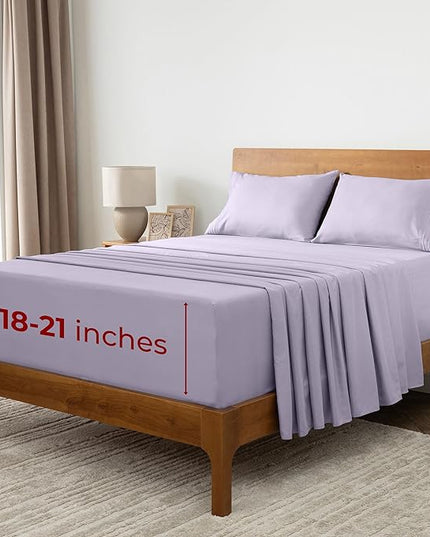 Mellanni Extra Deep King Sheets - 4 PC Iconic Collection Bedding Sheets & Pillowcases - Hotel Luxury, Ultra Soft, Cooling Bed Sheets - Extra Deep Pocket up to 21 inch (King, Lavender) - LeafyLoom