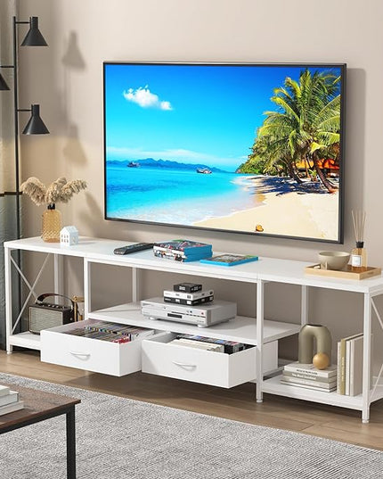 TV Stand with Fabric Drawer for 65 70 75 Inches TV - Entertainment Center and Industrial TV Console Table with Open Storage Shelves for Living Room, Bedroom - 63" White - LeafyLoom