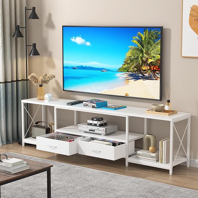 TV Stand with Fabric Drawer for 65 70 75 Inches TV - Entertainment Center and Industrial TV Console Table with Open Storage Shelves for Living Room, Bedroom - 63" White - LeafyLoom