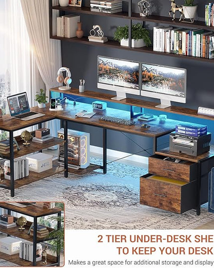 Aheaplus L Shaped Desk with File Drawer, 66" Reversible L Shaped Computer Desk with Power Outlet & LED Strip, Gaming Desk with Monitor Stand, Office Desk Corner Desk with Storage Shelf, Rustic Brown - LeafyLoom