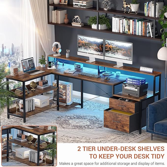Aheaplus L Shaped Desk with File Drawer, 66" Reversible L Shaped Computer Desk with Power Outlet & LED Strip, Gaming Desk with Monitor Stand, Office Desk Corner Desk with Storage Shelf, Rustic Brown - LeafyLoom