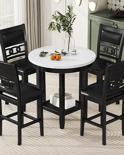 5-Piece Retro Counter Height Round Dining Table Set with Faux Marble Veneer and Bottom Shelf, 4 PU Leather Upholstered Chairs, for Kitchen, Breakfast Nook, Bar, Living Room, Dark Espresso - LeafyLoom