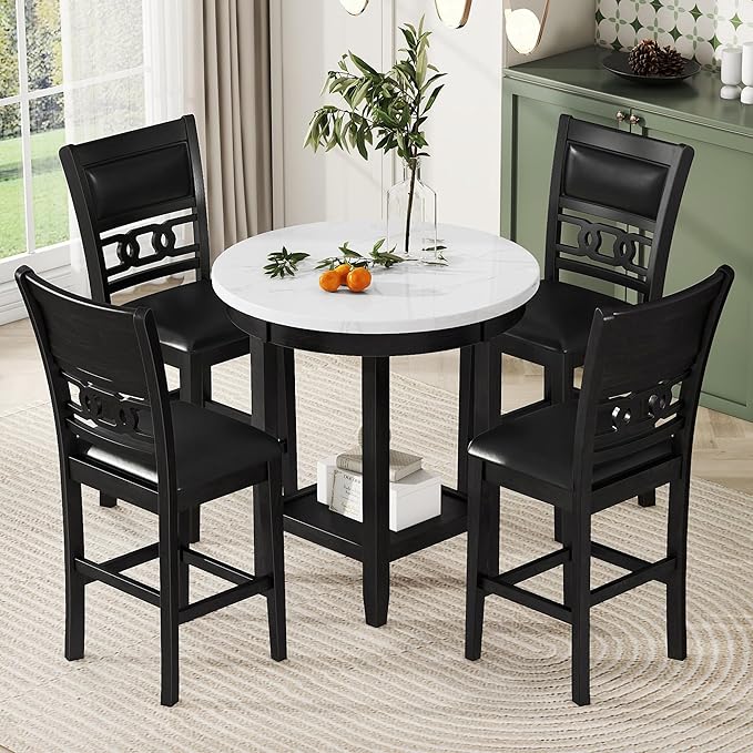 5-Piece Retro Counter Height Round Dining Table Set with Faux Marble Veneer and Bottom Shelf, 4 PU Leather Upholstered Chairs, for Kitchen, Breakfast Nook, Bar, Living Room, Dark Espresso - LeafyLoom