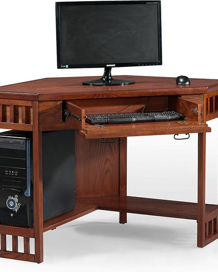 Leick Home 82430 Mission Corner Desk, Writing Computer Desk with Drop Front Keyboard Drawer, for Home Office, Solid Wood, Mission Oak - LeafyLoom