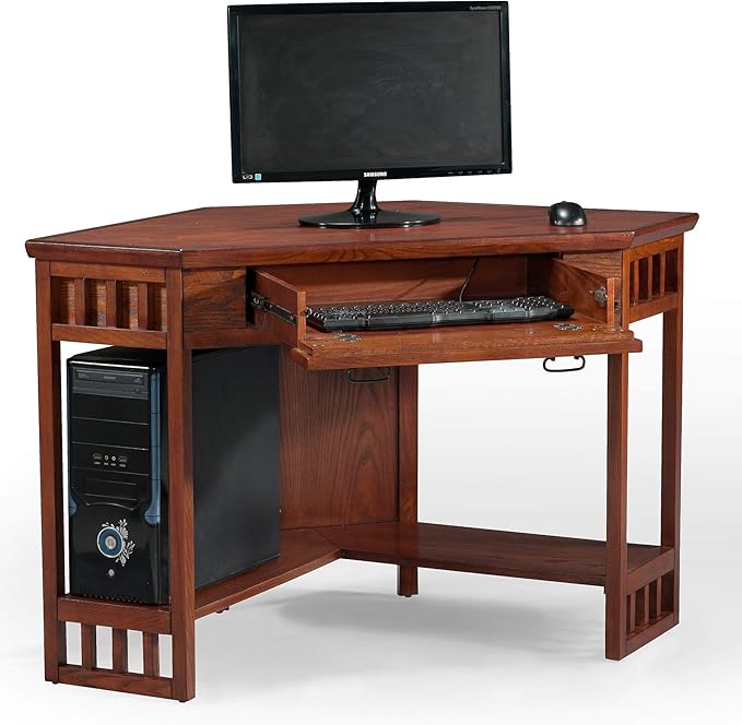 Leick Home 82430 Mission Corner Desk, Writing Computer Desk with Drop Front Keyboard Drawer, for Home Office, Solid Wood, Mission Oak - LeafyLoom