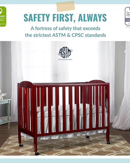 Dream On Me 3 in 1 Portable Folding Stationary Side Crib in Cherry, Greenguard Gold Certified, Safety Wheel with Locking Casters, Convertible, 3 Mattress Heights - LeafyLoom