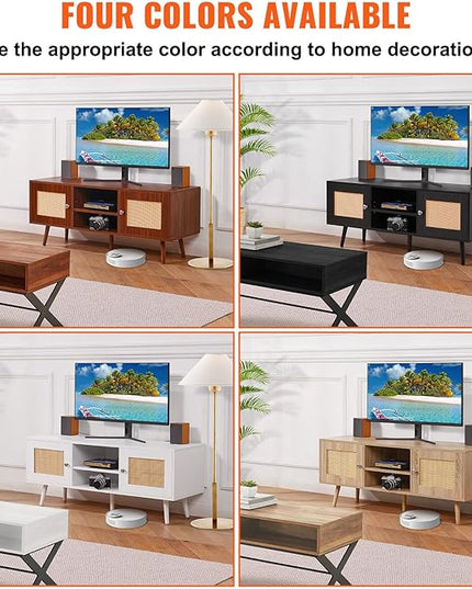 VEVOR Rattan TV Stand, Boho TV Cabinet for 55 inch TV, Mid Century Modern TV Stand, Rattan TV Console with Adjustable Shelfs for Living Room, Media Room, Black - LeafyLoom