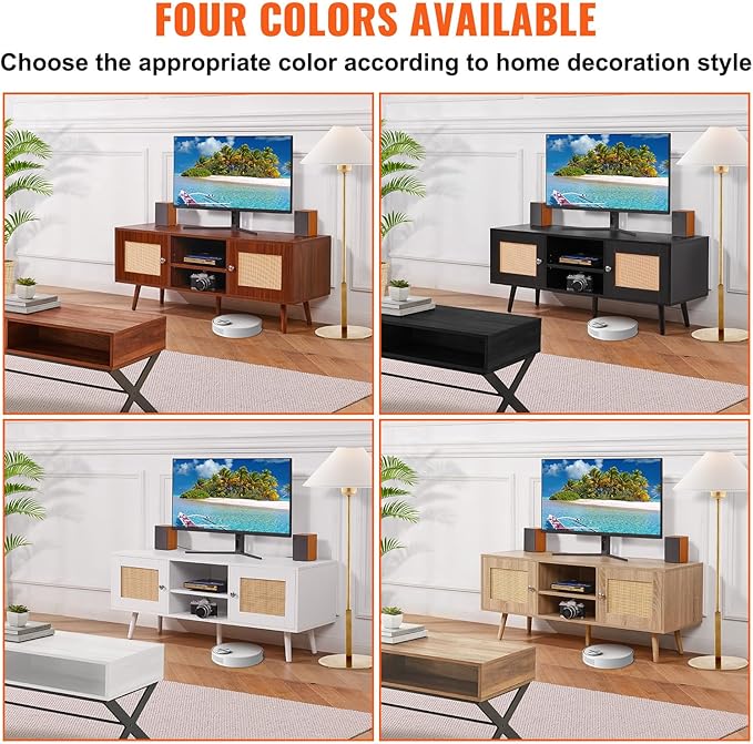 VEVOR Rattan TV Stand, Boho TV Cabinet for 55 inch TV, Mid Century Modern TV Stand, Rattan TV Console with Adjustable Shelfs for Living Room, Media Room, Oak - LeafyLoom