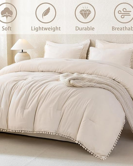 Litanika Queen Size Comforter Set Beige,3 Pieces Beige Boho Pom Pom Lightweight Bed Comforter, All Season Soft Solid Color Bedding Comforter Sets (1 Comforter 90x90 Inch, 2 Pillowcases) - LeafyLoom