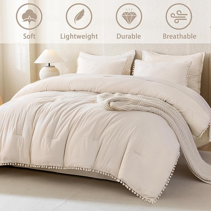 Litanika Queen Size Comforter Set Beige,3 Pieces Beige Boho Pom Pom Lightweight Bed Comforter, All Season Soft Solid Color Bedding Comforter Sets (1 Comforter 90x90 Inch, 2 Pillowcases) - LeafyLoom