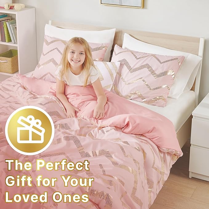 Codi King Size Bedding Sets Pink - Metallic Print Blush Comforter Set - 4 Piece includes 1 Rose Gold Comforter, 1 Decorative Pillow, 2 Pillow Cases - All Seasons Warm - LeafyLoom