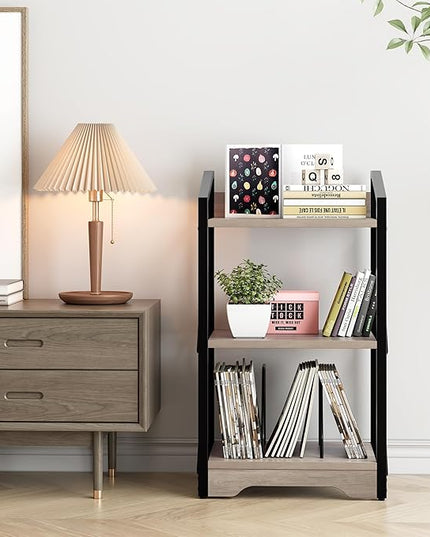 Vagusicc 3 Tier Bookshelf, Small Book Shelf Industrial Bookshelf, Wood Short Book Shelf Office Shelves with Metal Frame, Rustic Open Shelf Storage Organizer Bookcase for Living Room Bedroom, Greige - LeafyLoom