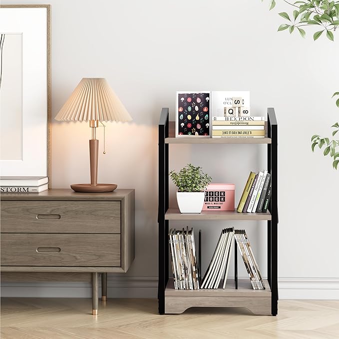 Vagusicc 3 Tier Bookshelf, Small Book Shelf Industrial Bookshelf, Wood Short Book Shelf Office Shelves with Metal Frame, Rustic Open Shelf Storage Organizer Bookcase for Living Room Bedroom, Greige - LeafyLoom