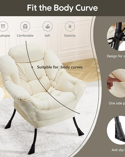 Fabric Lazy Chair Large Accent Chair,Velvet Frabic Modern Lounge Reading Chair with Armrests & Side Pocket,Upholstered Armchair for Living Room,Bedroom,Dorm,Beige - LeafyLoom