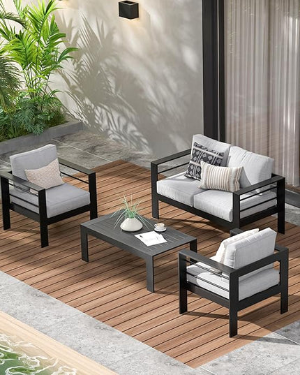 Wisteria Lane 4-Piece Aluminum Patio Furniture Set, Outdoor Furniture with Coffee Table, Metal Sofa Set for Deck, Porch, Balcony, Indoor, Black Frame & Light Grey Cushion - LeafyLoom