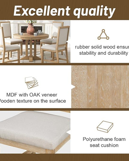 Farmhouse 5-Piece Dining Set, Included Retro Extendable Round Table with X-Shape Base and 4 Upholstered Chairs, Solid Wood Adjustable Dinette Furniture for Kitchen Living Room, Natural - LeafyLoom