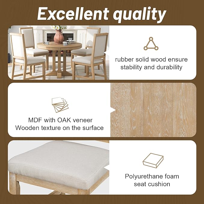 Farmhouse 5-Piece Dining Set, Included Retro Extendable Round Table with X-Shape Base and 4 Upholstered Chairs, Solid Wood Adjustable Dinette Furniture for Kitchen Living Room, Natural - LeafyLoom