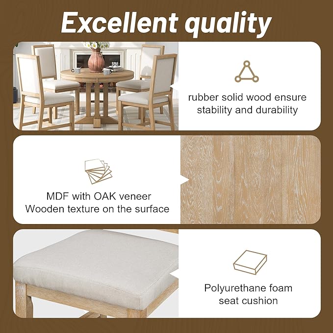 Extendable Round Upholstered, X-Shape Base, Modern Small Kitchen Chairs Room Home Furniture Breakfast Nook, Dining Table Set for 4-6, Natural - LeafyLoom