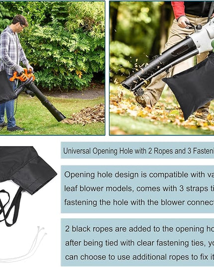 OwnMy Universal Leaf Vacuum Blower Bag Black Leaf Vacuum Bag Leaf Blower Replacement Bag with 3 Fasten Ties, Adjustable Leaf Blower Mulcher Bag Bottom Debris Zipper Bag Fallen Leaves Collection Bag - LeafyLoom