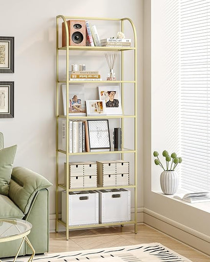Bookcase Bookshelf, Tempered Glass Arched Bookshelf for More Storage, Slim Shelving Unit for Bedroom, Bathroom, Home Office, Steel Frame, Wide 6 Tier Gold BC22699G - LeafyLoom