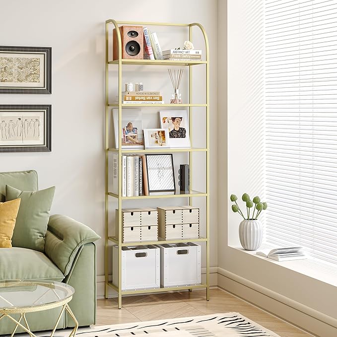 Bookcase Bookshelf, Tempered Glass Arched Bookshelf for More Storage, Slim Shelving Unit for Bedroom, Bathroom, Home Office, Steel Frame, Wide 6 Tier Gold BC22699G - LeafyLoom