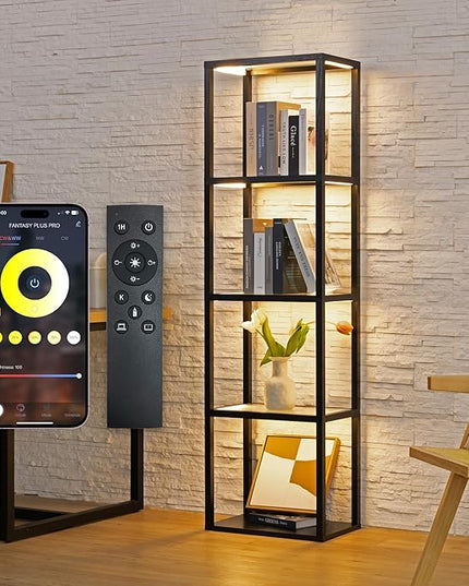 FENLO Fantasy Plus Pro - 66" LED Glass Display Shelf with Dimmable LED Floor Lamp, Curio Cabinet with Adjustable Color Temp, Open Display Cabinet for Collectibles, Long Lasting LED - LeafyLoom