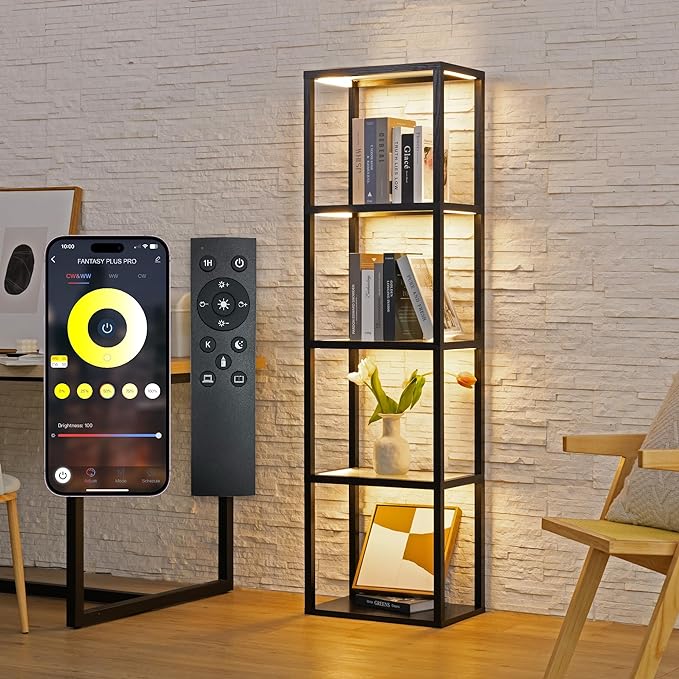 FENLO Fantasy Plus Pro - 66" LED Glass Display Shelf with Dimmable LED Floor Lamp, Curio Cabinet with Adjustable Color Temp, Open Display Cabinet for Collectibles, Long Lasting LED - LeafyLoom