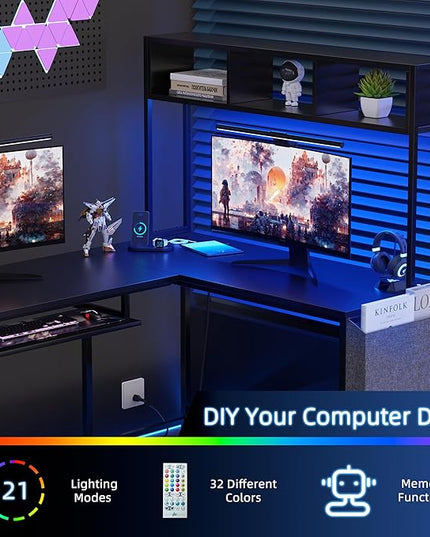 Shintenchi 66" L Shaped Home Office Desk, Reversible Gaming Desk with LED Lights and Power Outlet, Computer Desk with Keyboard Tray, Hook, Storage Bag and Shelf for Home Office, Black - LeafyLoom