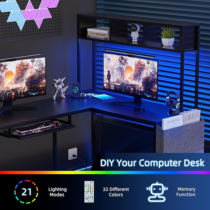 Shintenchi 66" L Shaped Home Office Desk, Reversible Gaming Desk with LED Lights and Power Outlet, Computer Desk with Keyboard Tray, Hook, Storage Bag and Shelf for Home Office, Black - LeafyLoom