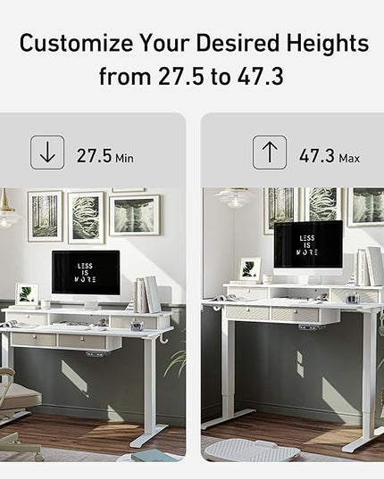 FEZIBO Sturdy Height Adjustable Electric Standing Desk with Drawers, 55 x 24 Inch Stand Up Table with Large Storage Shelf, Sit Stand Desk, White Top - LeafyLoom