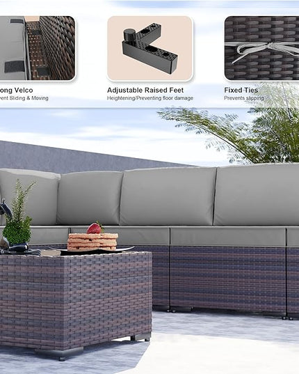Kullavik 9PCS Outdoor Patio Furniture Set PE Wicker Rattan Sectional Sofa Patio Conversation Sets,Grey - LeafyLoom