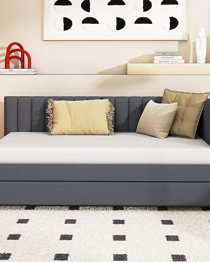 Merax Twin Size Upholstered Daybed with Trundle Wooden Sofa Bed Frame for Living, Guest, Children's Room, No Box Spring Needed, Easy Assembly, Gray - LeafyLoom