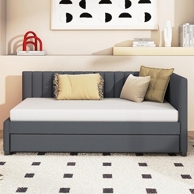 Merax Twin Size Upholstered Daybed with Trundle Wooden Sofa Bed Frame for Living, Guest, Children's Room, No Box Spring Needed, Easy Assembly, Gray - LeafyLoom