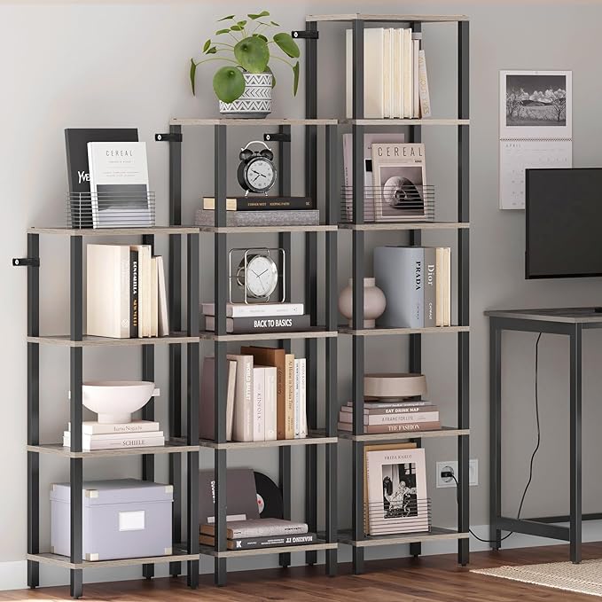 TUTOTAK Bookshelf, 4-Tier Tall Book Shelf, Narrow Bookcase for Small Space, DIY Stackable Bookshelf, for Living Room, Office, Study, Entryway, Industrial, Greige and Black BS01BG004 - LeafyLoom