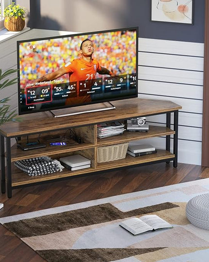 Unikito 55'' Corner TV Stand with Power Outlet, Corner Entertainment Center TV Console Table with 4 Open Storage Shelves, Metal Frame for Living Room, Bedroom, Industrial 60'' Corner TV Stand, Rustic - LeafyLoom