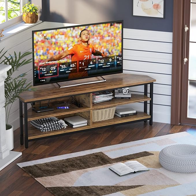 Unikito 55'' Corner TV Stand with Power Outlet, Corner Entertainment Center TV Console Table with 4 Open Storage Shelves, Metal Frame for Living Room, Bedroom, Industrial 60'' Corner TV Stand, Rustic - LeafyLoom