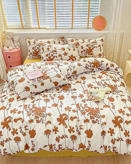 Botanical Comforter Set Cal King White Pumpkin Floral Plant Bedding Comforter Girls Garden Pattern Printed White Blanket Rustic Leaf Blossom Women White Farmhouse Comforter California King - LeafyLoom
