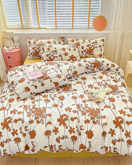 Botanical Comforter Queen White Pumpkin Floral Plant Bedding Comforter Set Girls Garden Pattern Printed on White Blanket Rustic Leaf Blossom Women White Farmhouse Comforter Queen - LeafyLoom