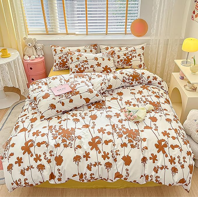 Botanical Comforter Queen White Pumpkin Floral Plant Bedding Comforter Set Girls Garden Pattern Printed on White Blanket Rustic Leaf Blossom Women White Farmhouse Comforter Queen - LeafyLoom