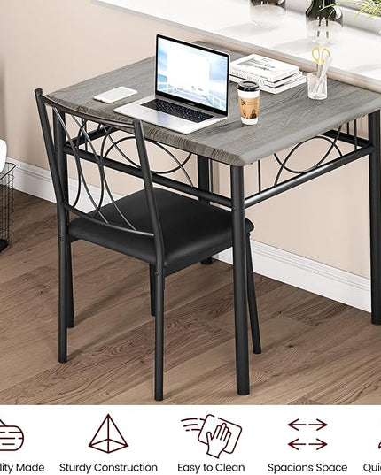 Dining Table Set for 2, 3 Piece Kitchen Table Set with 2 Upholstered Chairs, Square Kitchen Table Set for Small Space, Apartment, Dining Room, Retro Gray - LeafyLoom